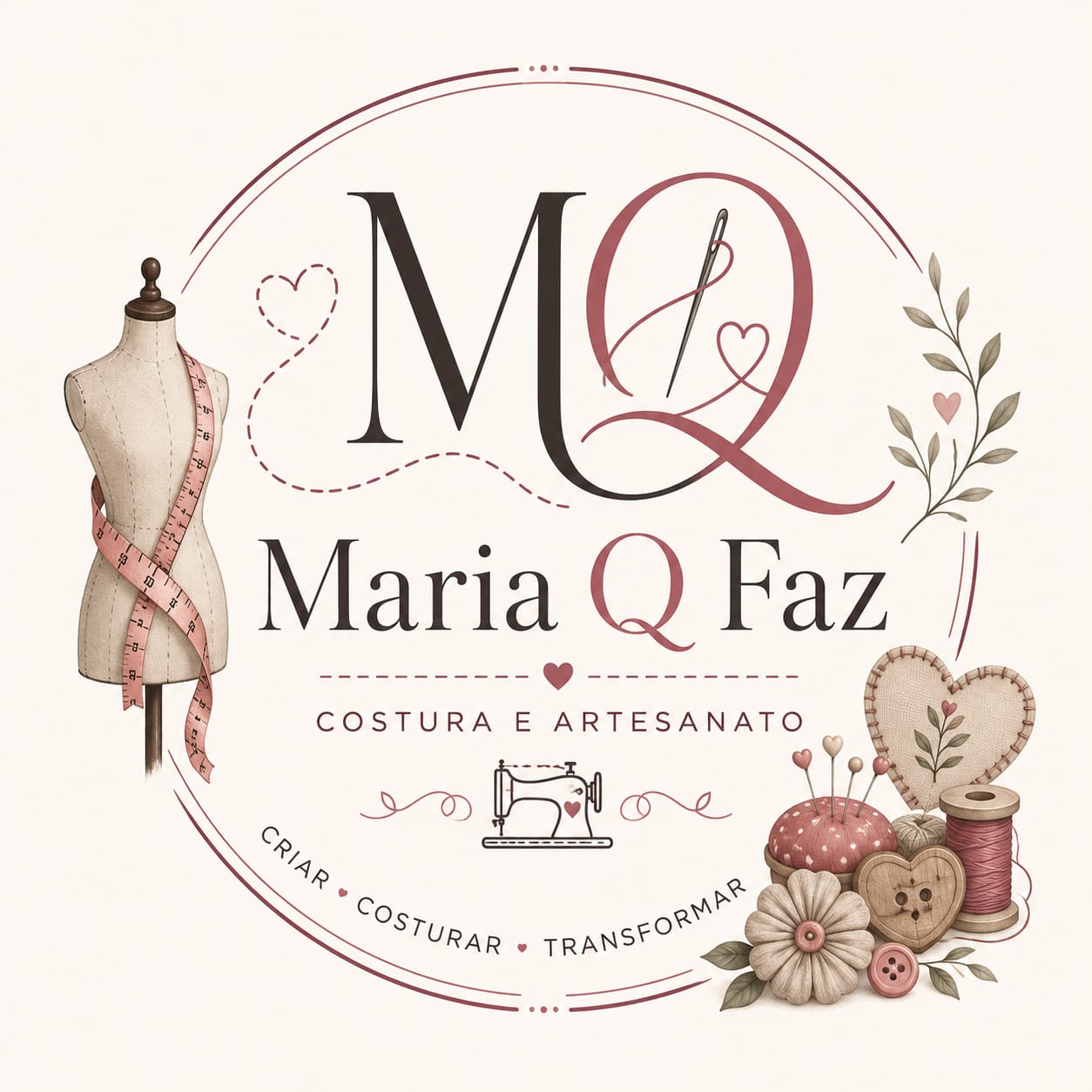 Logótipo Maria Q Faz, com manequim, agulha, linha e elementos de costura e artesanato
